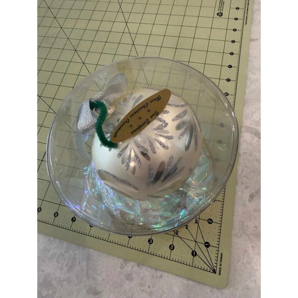 Fine European Glass Christmas Ornament Silver Glitter Floral Cream 4 Inch Bauble